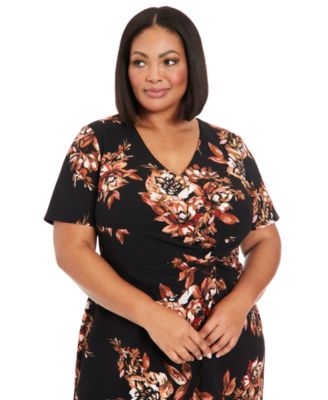 Plus Size Floral Side-Knot V-Neck Dress