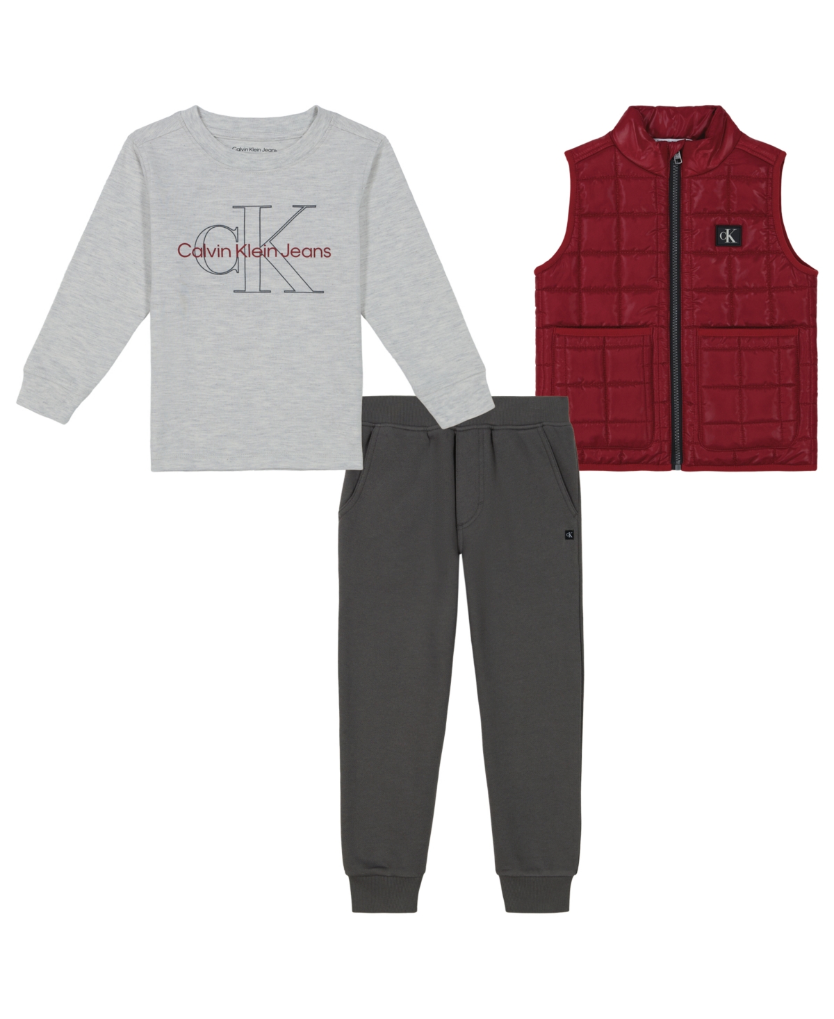 CALVIN KLEIN TODDLER AND LITTLE BOYS LONG SLEEVE LOGO TEE, FLEECE JOGGERS QUILTED MICROFIBER VEST 3-PIECE SET