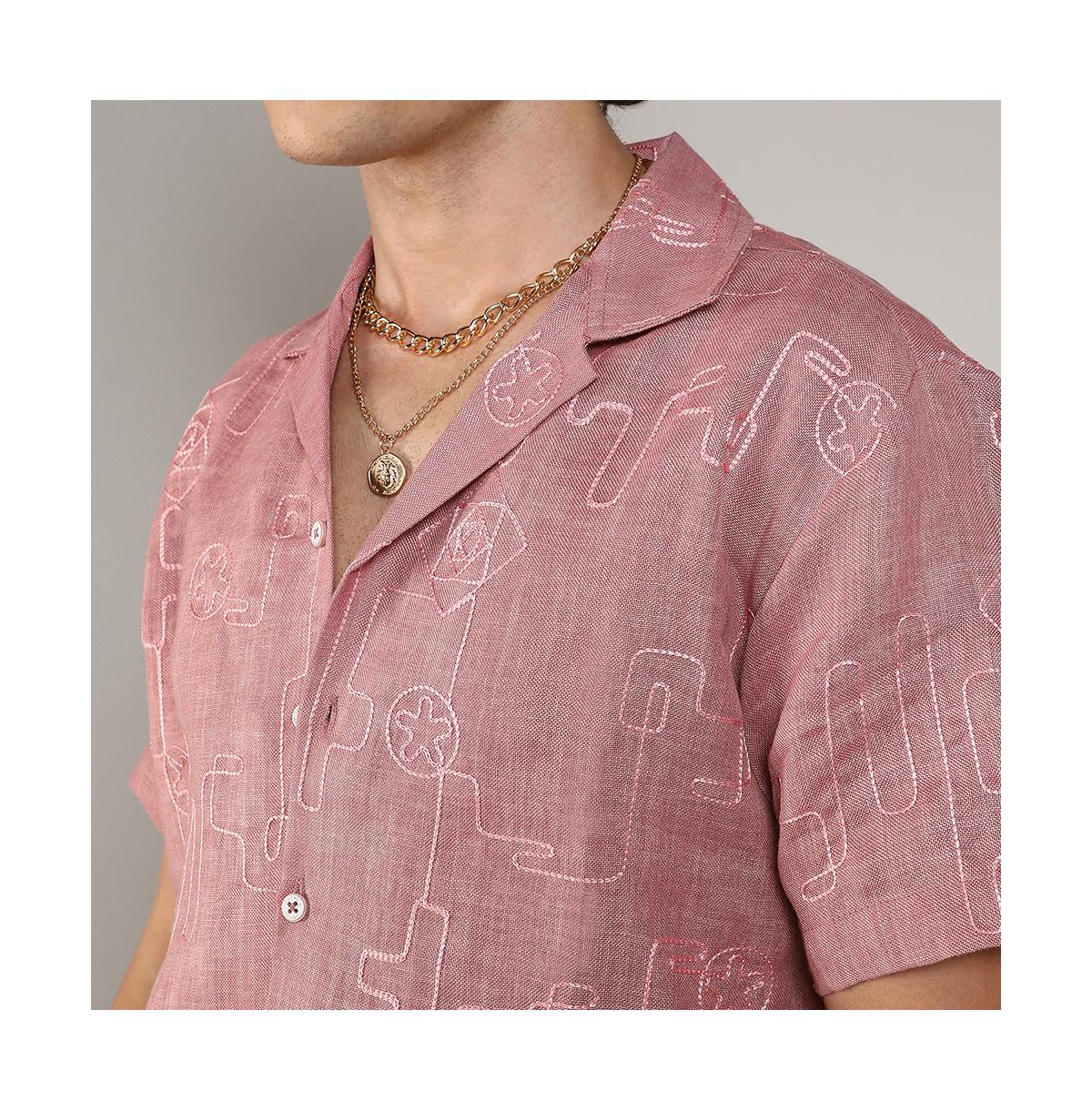 Campus Sutra Men's RougeEmbroidered Lined Shirt - Pink