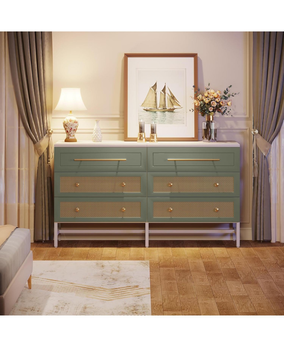Tribesigns 6 Drawer Dresser, Modern Rattan Dresser for Bedroom, 55 inch Long Double Dresser Wood Storage Organizer Chest of Drawers for Closet Living