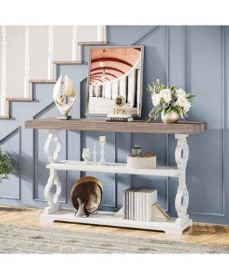 Farmhouse Console Table, 55 inch Rustic Entryway Sofa Table with Storage Shelves, 3 Tier Wood Long Accent Entry Table, Grey and White