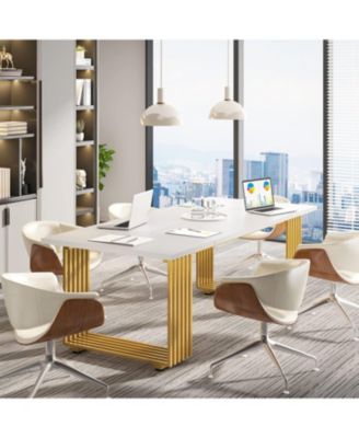 70.9" Modern Office Desk, Wooden Computer Desk, White Executive Desk with Gold Metal Legs, L Study Writing Desk