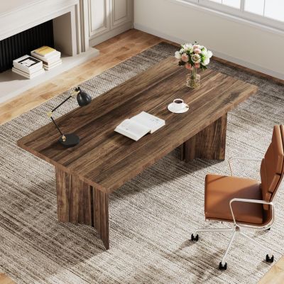 6.23 ft Conference Table, 74.8" L x 37.4" W x 29.5" H Rectangle Meeting Room Table, Modern Wood Seminar Table for Office Conference Room, Brown & White