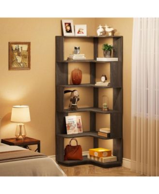 6-Tier Corner Bookshelf, 64.9 Inch Tall Bookcase with Anti-Drop Panel, Industrial Freestanding Corner Shelf Display Rack Storage Organizer