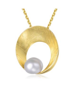 Sterling Silver Gold Plated with Genuine Freshwater Pearl Round Pendant Necklace