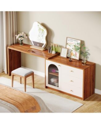 Modern Makeup Vanity, Retractable Large Vanity Desk with 3 Drawers and Cabinet, Makeup Corner Dressing Table (Without Mirror)