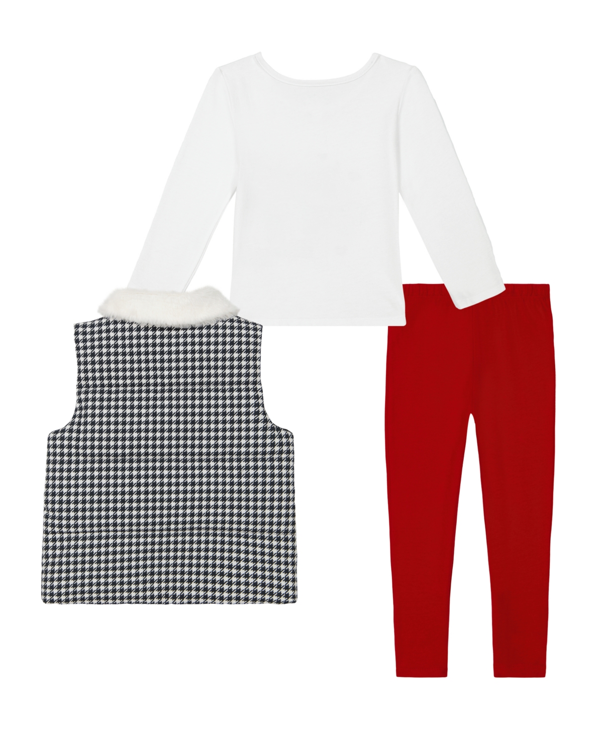 Kids Headquarters Toddler And Little Girls Sherpa Trim Check Vest & Leggings, 3 Piece Set In Black,white,salsa Red