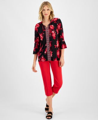 Womens Printed Split Neck Bell Sleeve Tunic Pull On Slim Fit Rivet Detail Cropped Pants Created For Macys