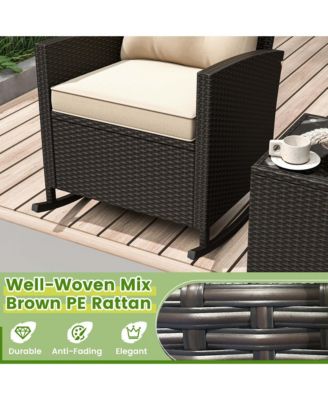 3 PCS Patio Wicker Rocking Set with Tempered Glass Table & Soft Cushions Outdoor