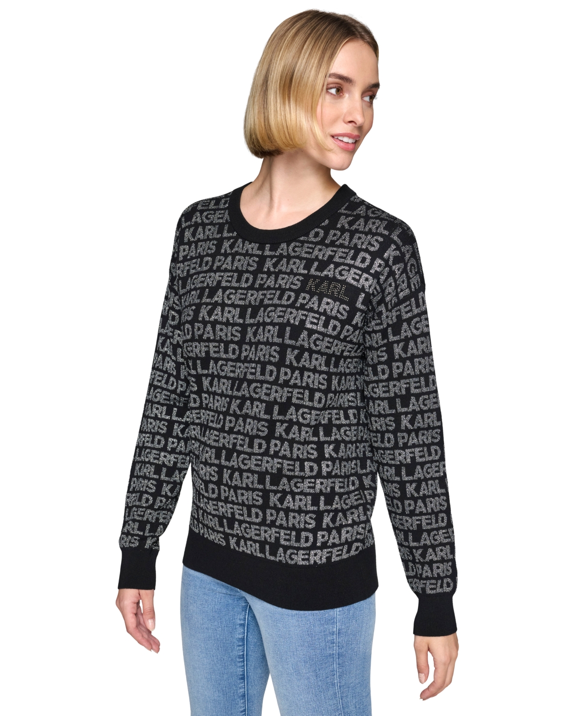 Karl Lagerfeld Paris Women's Logo Signature Crewneck Sweater, Regular & Petite -Gunmetal