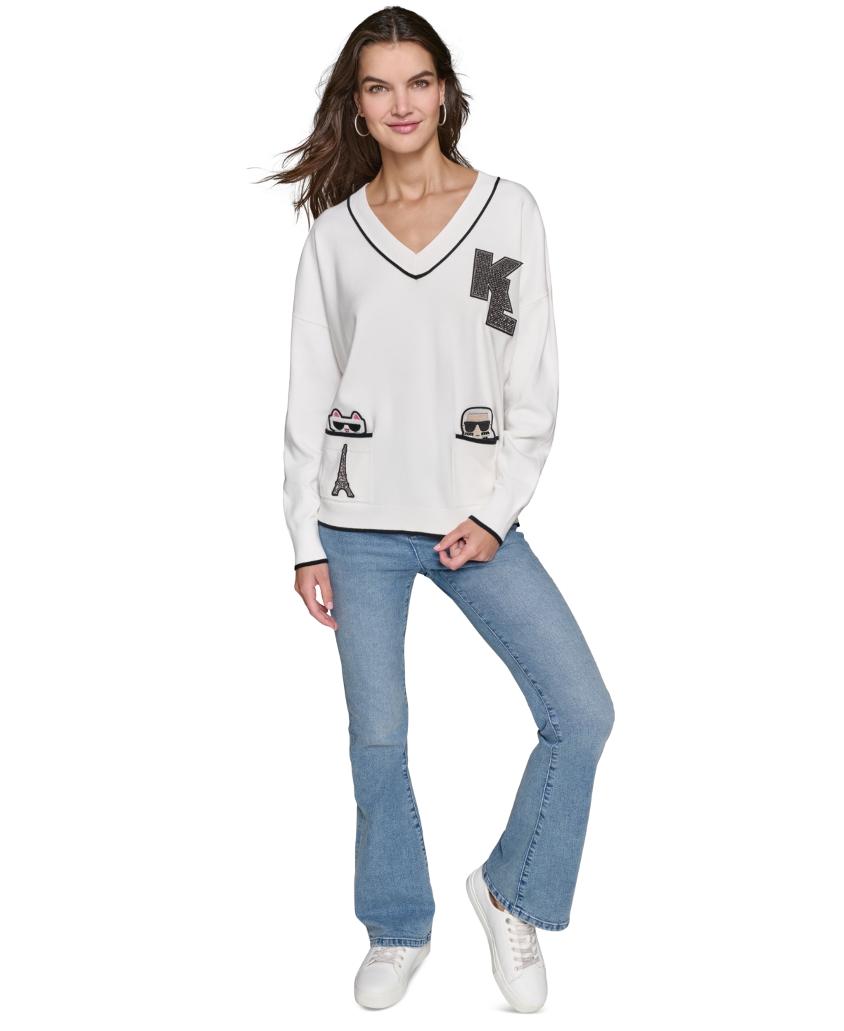 Karl Lagerfeld Paris Women's Women's V-Neck Embellished Varsity Sweater
