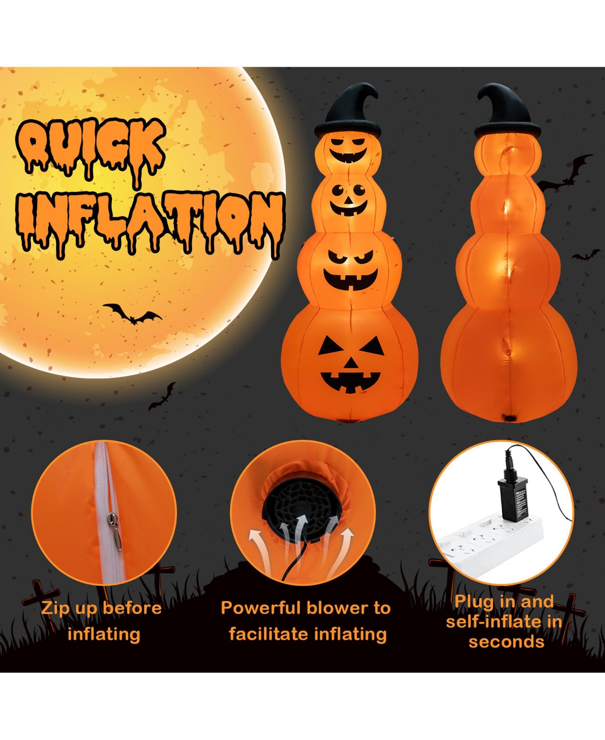 Costway 8FT Halloween Inflatable Stacked Pumpkins Blow-up Holiday Decoration w/ Led Lights