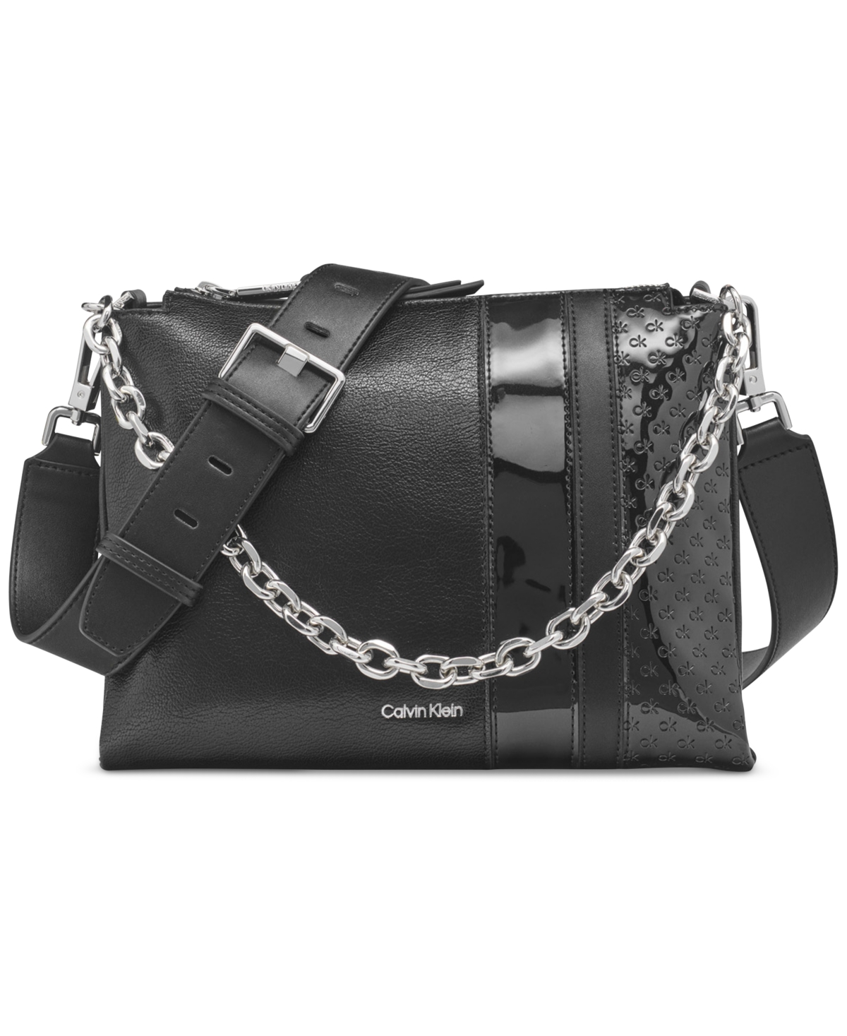 Calvin Klein Rain Signature Embossed Top Zipper Dual Strap Chain Crossbody In Black Silv