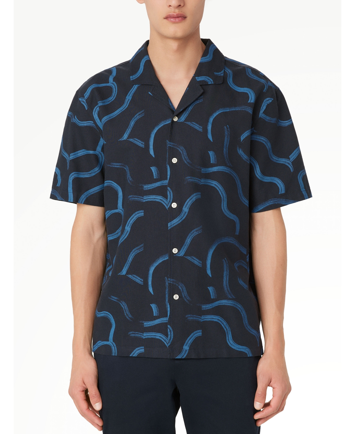 Men's Boxy-Fit Abstract-Print Button-Down Camp Shirt - Navy