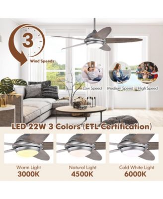 52 Inch Ceiling Fan with Lights and 3 Lighting Colors-Silver Gray