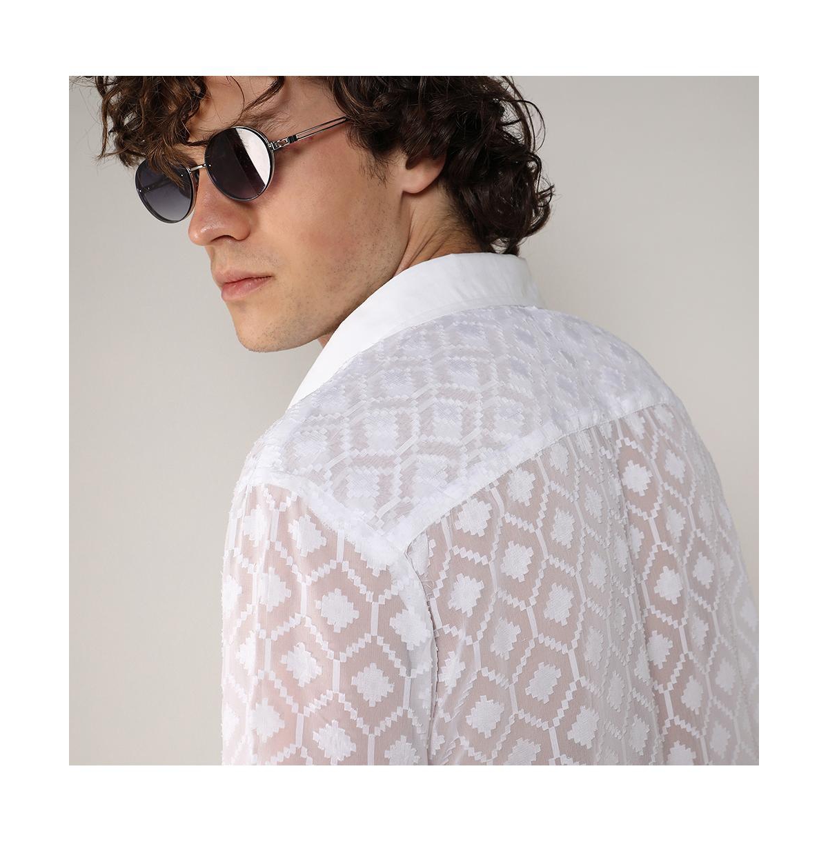 Campus Sutra Men's ChalkSelf-Design Cubic Shirt - White