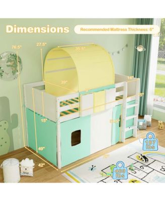 Twin Loft Bed with Tower & Tent 3 Storage Pockets Safety Guardrail and Ladder