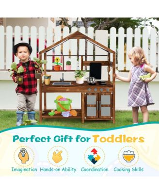 Wooden Mud Kitchen with Chalkboard, Stoves, Removable Sink & Accessories