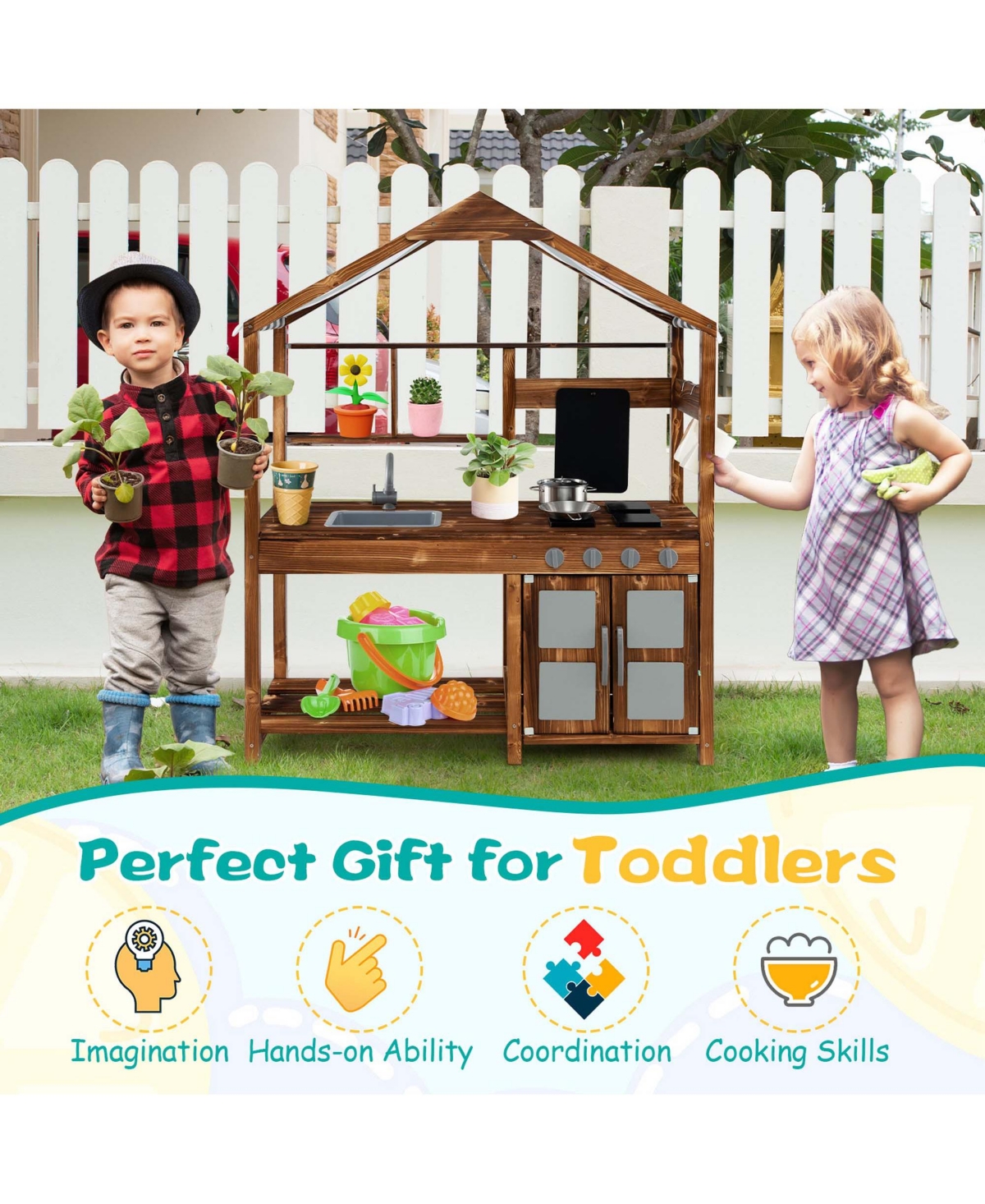 Costway Wooden Mud Kitchen with Chalkboard, Stoves, Removable Sink & Accessories