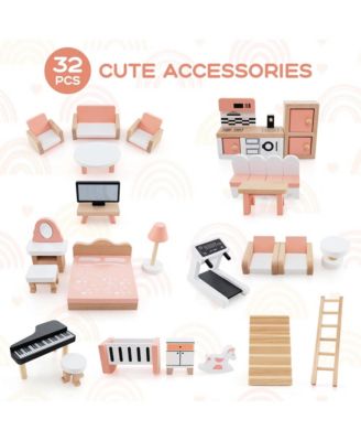 Kids Wooden Dollhouse Aged 3-8 Years Old with 32PCS Realistic Furniture Accessories