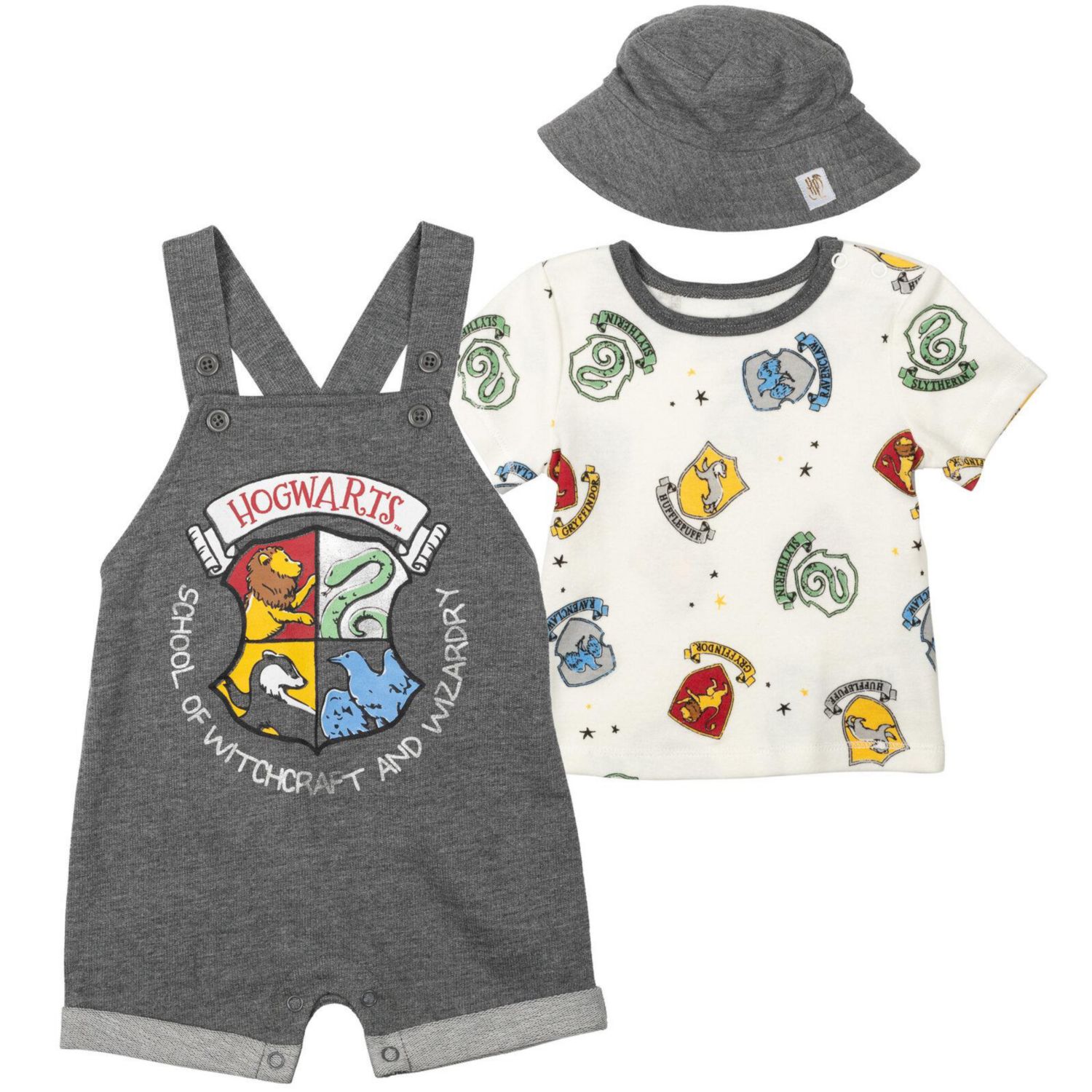 Baby Boys' (Newborn-24M) Hermione, Hedwig & Ron Weasley French Terry Short Overalls, T-Shirt & Hat 3-Piece Outfit Set