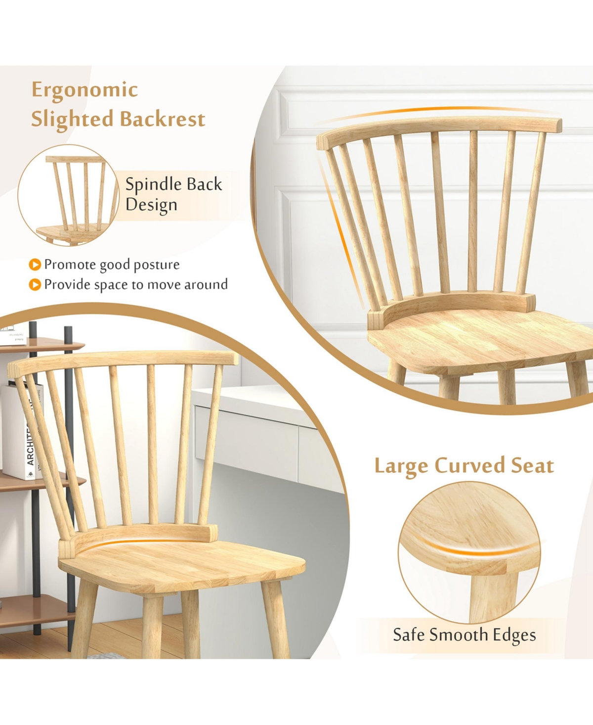 Costway Rubber Wood Windsor Dining Chairs Set of 2 with Spindle Back for Living Room