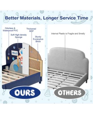 Kids Upholstered Platform Bed Children Twin Size Wooden Bed Astronaut Pattern