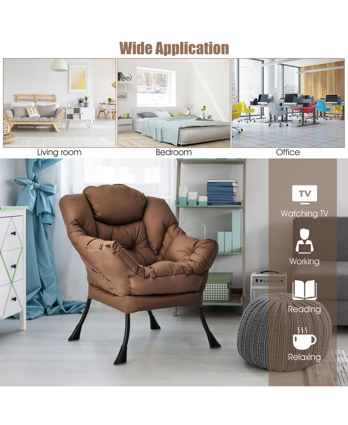 Costway Modern Polyester Fabric Lazy Chair Single Sofa Chair w/ Side Pocket