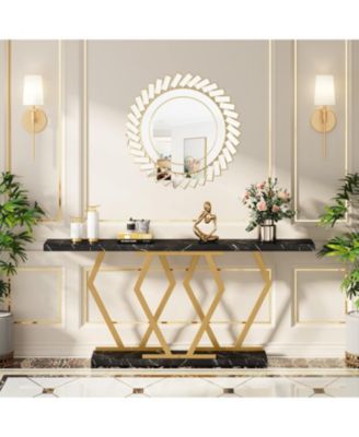 70.9 Inch Extra Long Sofa Table， White and Gold Console Table with Faux Marble Tabletop, Modern Long Entryway Table with Gold Frame