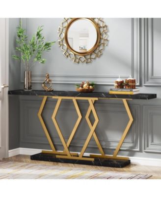 70.9 Inch Extra Long Sofa Table， White and Gold Console Table with Faux Marble Tabletop, Modern Long Entryway Table with Gold Frame