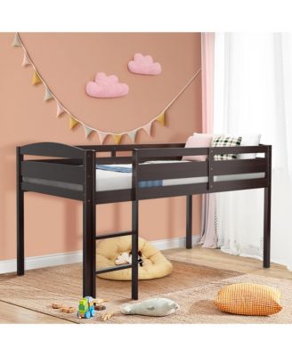 Twin Size Loft Bed Wooden Slats Support Loft Bed Frame w/ Ladder & Guardrails Espresso