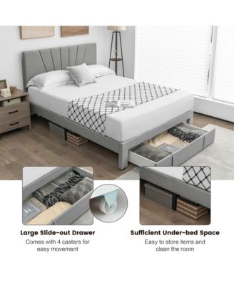 Queen Upholstered Bed Frame Platform Bed with Drawer & Adjustable Headboard Grey
