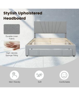 Queen Upholstered Bed Frame Platform Bed with Drawer & Adjustable Headboard Grey