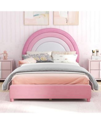 Kids Twin Platform Bed Frame Upholstered Twin Size Bed w/ Wooden Slats Support Blue