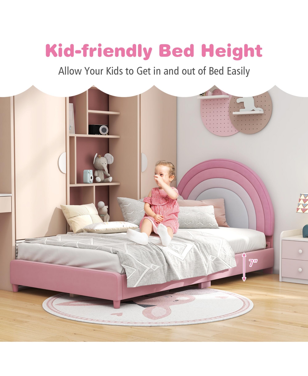 Gymax Kids Twin Platform Frame Upholstered Twin w/ Wooden Slats Support Blue - Pink+natural
