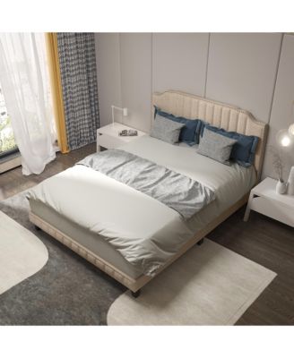 Queen Upholstered Bed Frame with linen fabric vertical lines Rivets headboard