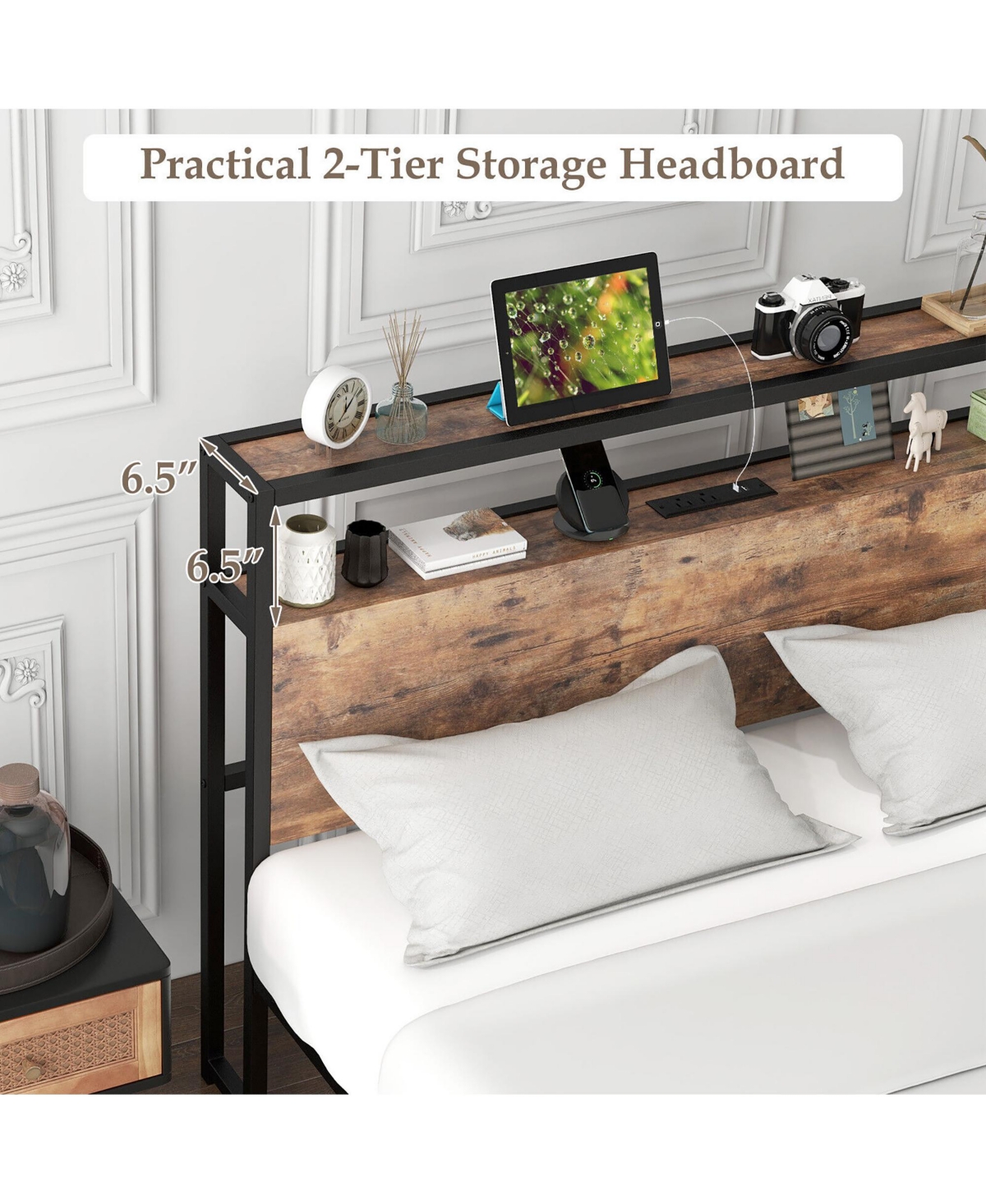Gymax Full Platform Bed Frame with Charging Station Storage Headboard - Brown+black