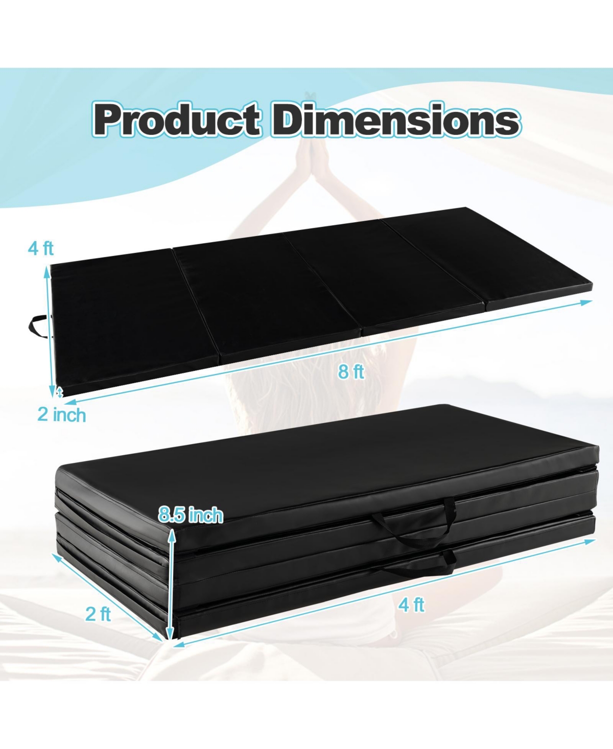 Vebreda Folding Gymnastics Mat with Carry Handles and Sweatproof Detachable Pu Leather Cover- Black