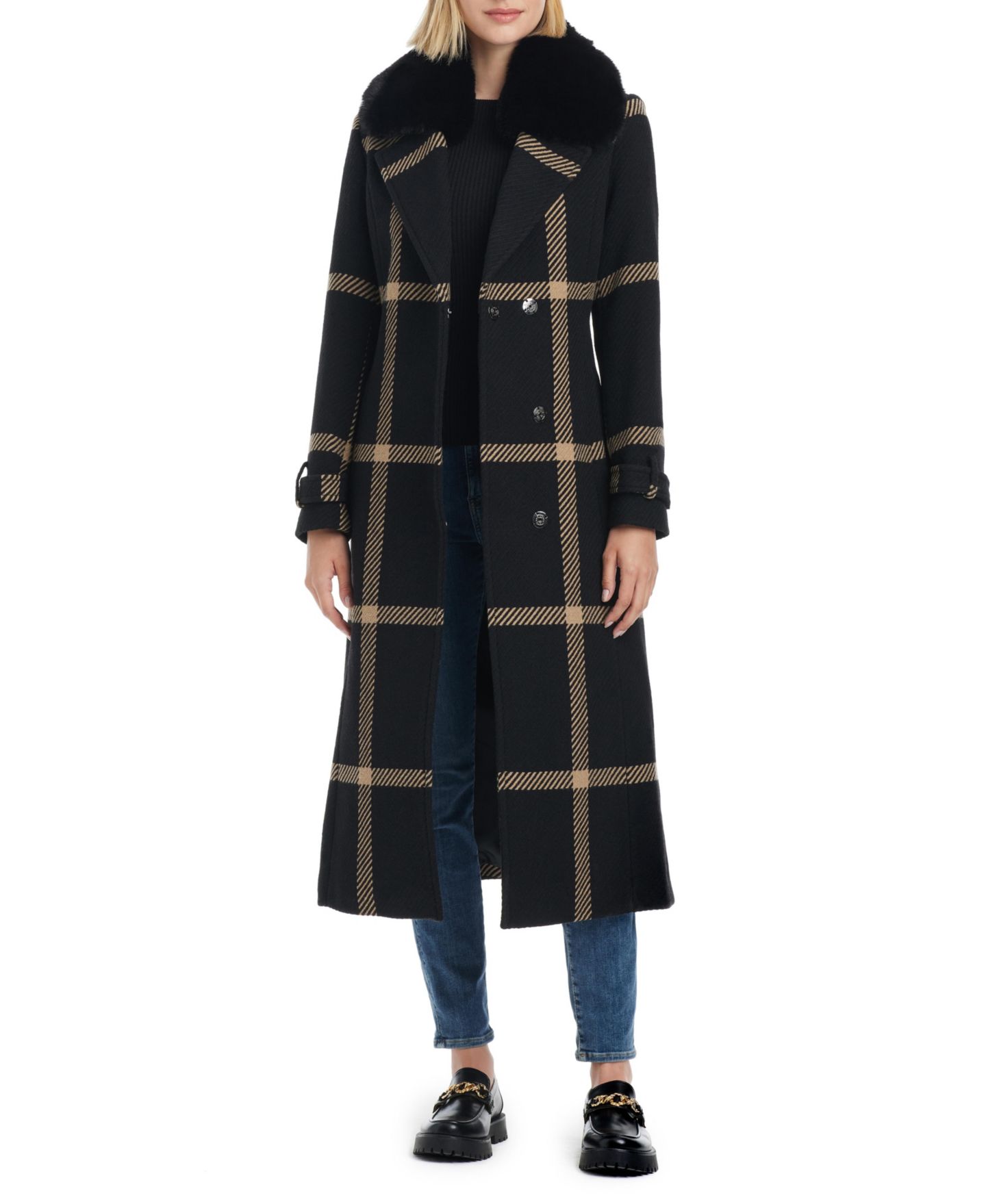 Женское пальто Vince Camuto Double-Breasted Maxi Wool Blend, цвет: Чёрный / Верблюжий — фото 5