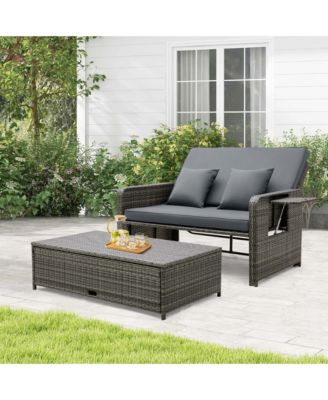 Wicker Loveseat Sofa Set Patio Rattan Daybed with Ottoman & Retractable Side Tray