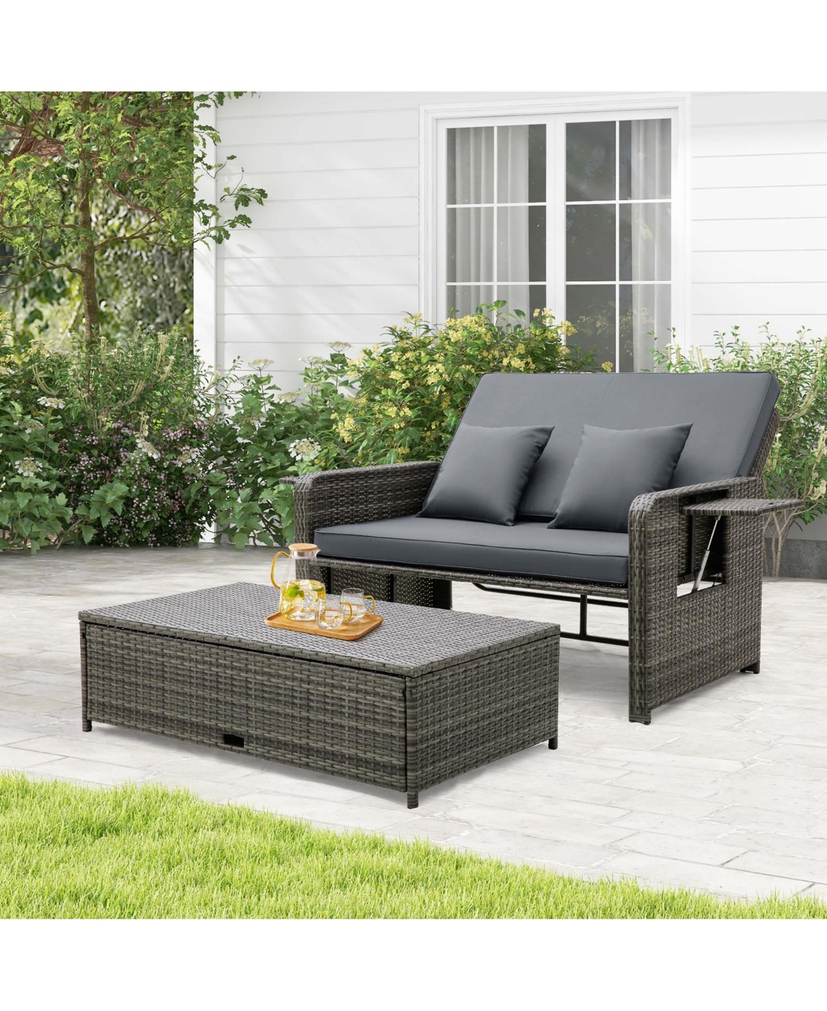 Wicker Loveseat Sofa Set Patio Rattan Daybed with Ottoman & Retractable Side Tray