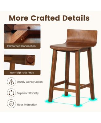 24.5" Wood Bar Stools Set of 2 with Solid Back & Seat Mid Century Bar Chairs