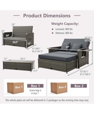 Wicker Loveseat Sofa Set Patio Rattan Daybed with Ottoman & Retractable Side Tray