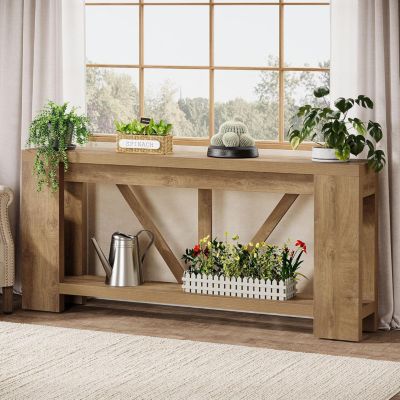 70.9-Inch Extra Long Console Table, 2-Tier Farmhouse Sofa Table Behind Couch, Large Engineered Wood Entry Console, Brown
