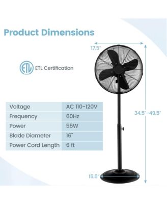 16" Standing Pedestal Fan with 3 Speed Settings Carrying Handle Aluminum Blades