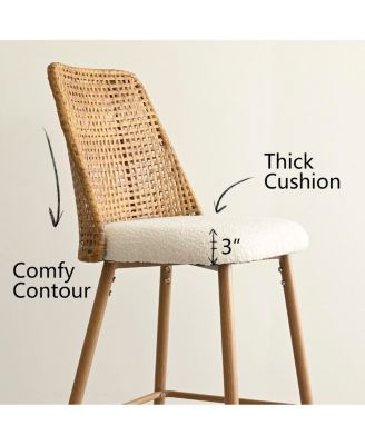 Set of 2 Modern 27-Inch Counter Stools with Boucle Upholstery and Faux Rattan Design