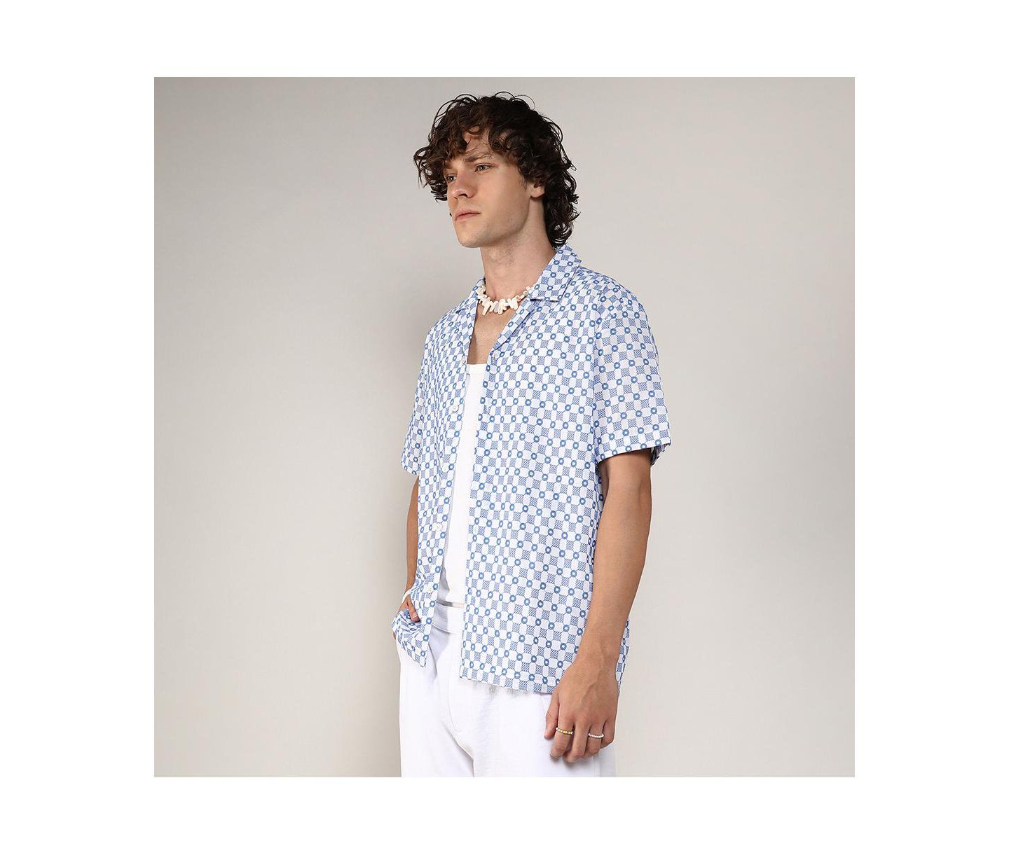 Мужская рубашка Cahoot Campus Sutra Chalk White & Prussian Blue Embroidered Checkered, цвет: Белый — фото 4
