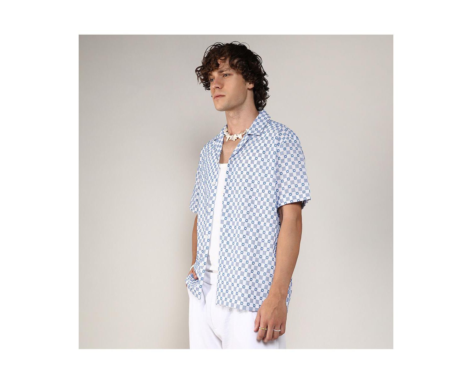 Men's Chalk White & Prussian Blue Embroidered Checkered Shirt