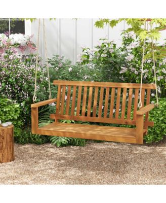 2-Seat Porch Swing Bench Acacia Wood Chair with 2 Hanging Hemp Ropes for Backyard