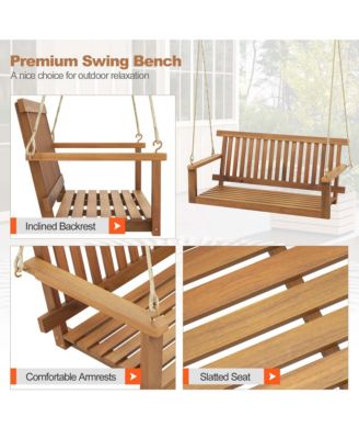 2-Seat Porch Swing Bench Acacia Wood Chair with 2 Hanging Hemp Ropes for Backyard